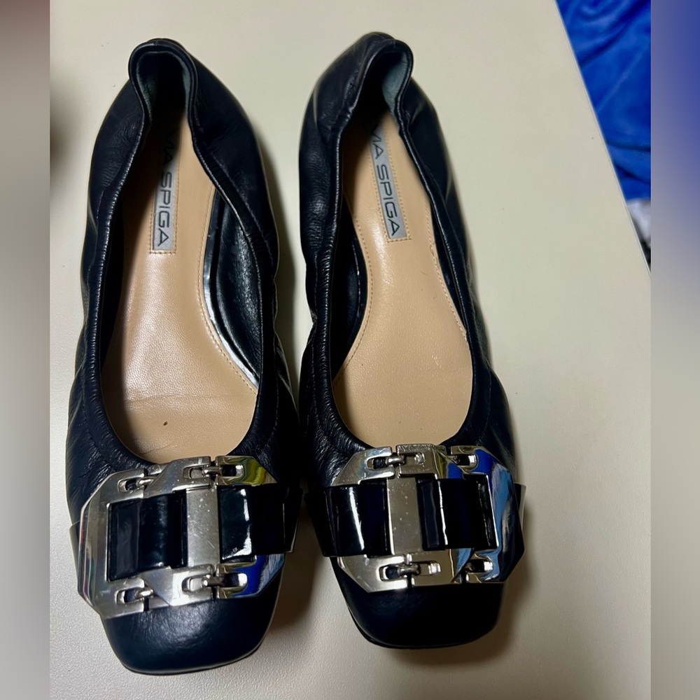 Via Spiga Black Flats with Metallic Accent
